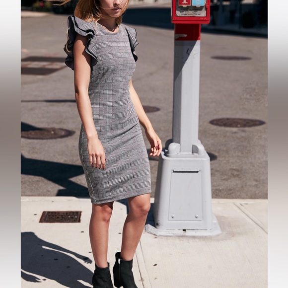Tommy Hilfiger Glen Plaid Flutter Sleeve Sheath Dress. Black & White w/Burgundy - Picture 2 of 8